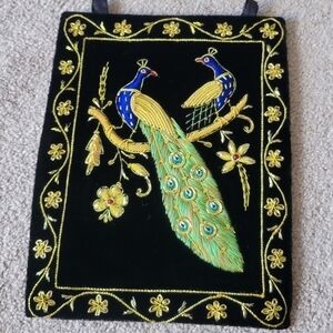 Zari Silk Thread Embroidered Wall Hanging Peacock, Jewel Carpet Wall Panel, Wall